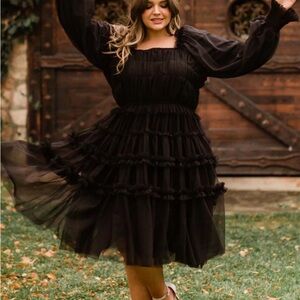 Black Ruffle Tiered Long-Sleeve Dress - DM Fashion